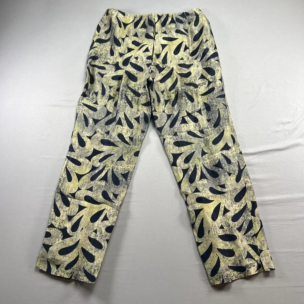 Sigrid Olsen Pants Womens 8 Yellow Black Abstract Linen Side Zip Straight Leg